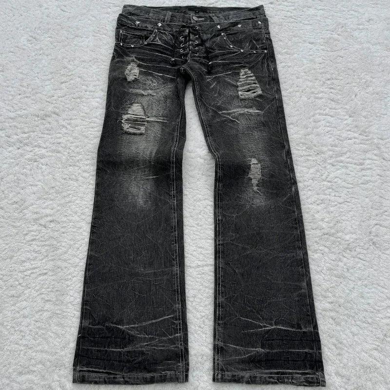 Fashionable high street double waisted lace up micro flared women jeans Y2K retro Harajuku washed design for men and women jeans