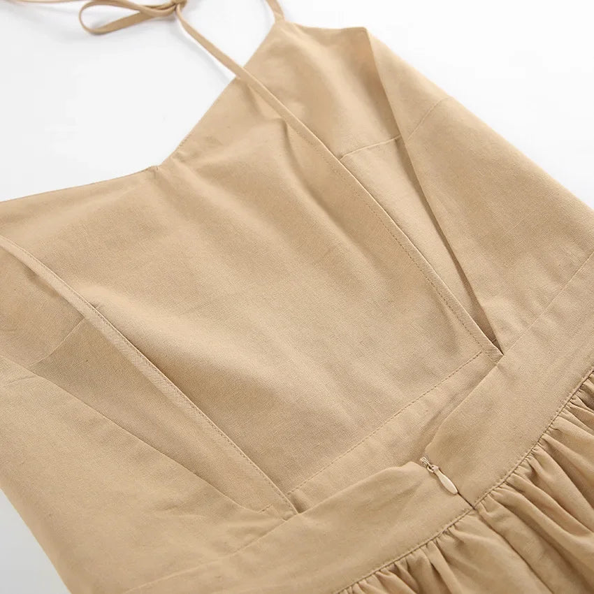 Cotton Linen Solid Color Spaghetti Strap Dresses Women Fashion Leace-up V-neck Backless Beach Vacation Long Dress Female New