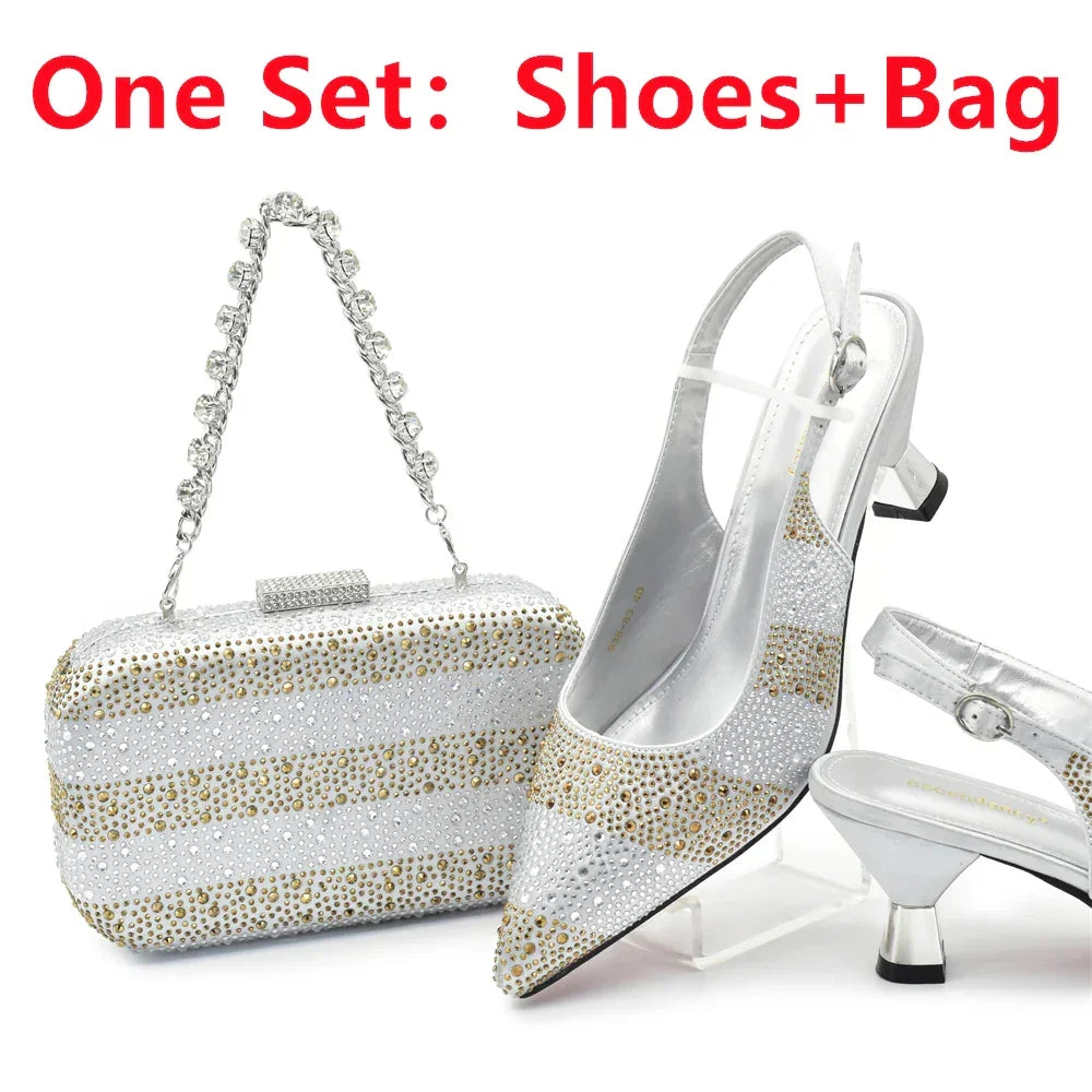African Shoe and Bags Set for Wedding Women Shoes and Bags To Match Set with Rhinestone Italy Lady Pumps Women Shoes Luxury