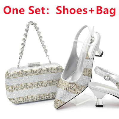 African Shoe and Bags Set for Wedding Women Shoes and Bags To Match Set with Rhinestone Italy Lady Pumps Women Shoes Luxury