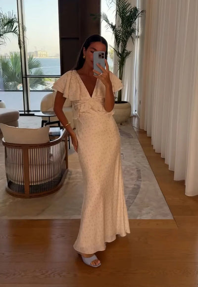 Womens Dresses 2025 Summer New Woman Clothing V Collar Ruffles Sleeve High Waist Long One-piece Dress Gown