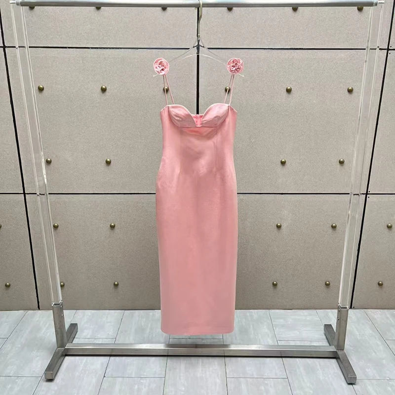 Women's dress New 3D flower decorated sleeveless long dresses for summer 2025 Sexy backless suspender midi dresses party dresses