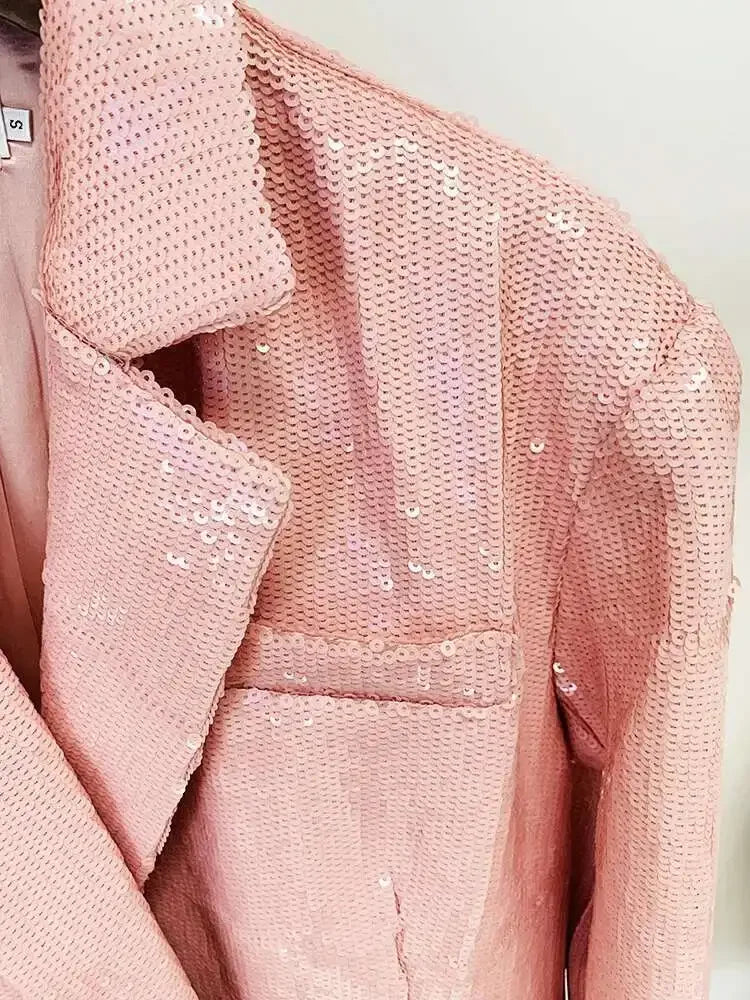 DEAT Fashion Women's Blazer Notched Collar Double Breasted Sequins Full Sleeves Pink Suit Jackets Autumn 2025 New Tide 7AB643