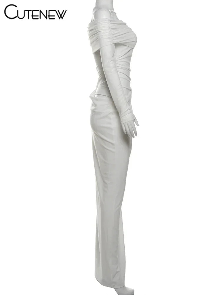 Cutenew Mesh Ruched Women Maxi Dress Sexy See Through Off Shoulder Long Sleeve Sheath Vestidos Female Midnight Party Solid Robe