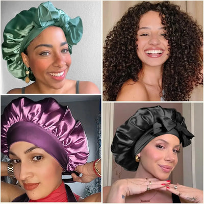 Silk Bonnet for Sleeping Women Satin Bonnet Double Layer Satin Lined Hair Bonnet with Tie Band Curly Hair