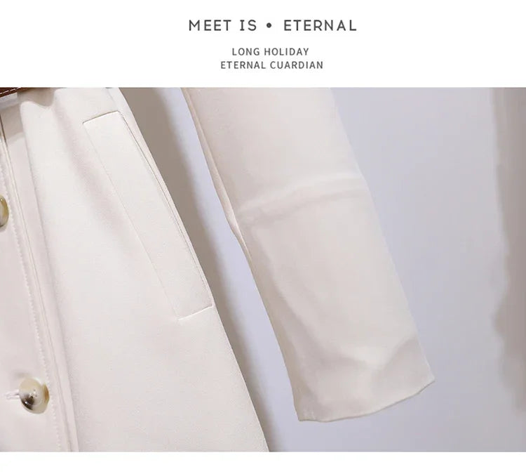 Women's Dress Double Breasted Elegant Dresses for Women 2025 Autumn Off white Dress Belt Knee-Length Solid Fashion Woman Clothes
