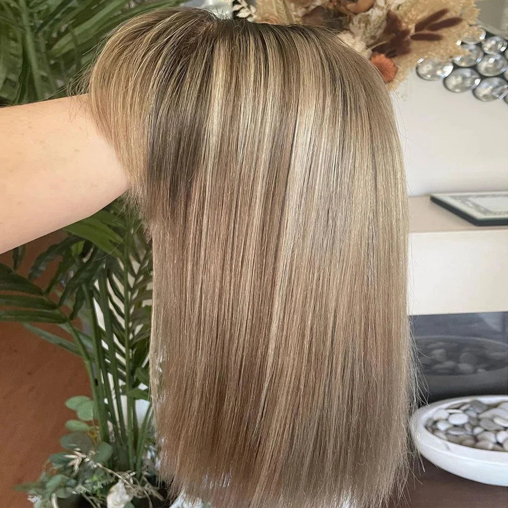 Real Human Hair Wigs with Bangs Short Bob Wig Straight Lace Front Wig Natural Hairline HD Lace Ash Blonde Fringe Wig Dark Roots