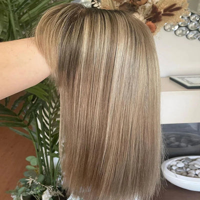 Real Human Hair Wigs with Bangs Short Bob Wig Straight Lace Front Wig Natural Hairline HD Lace Ash Blonde Fringe Wig Dark Roots