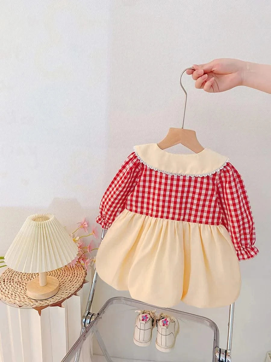 Rabbit Embroidery Cherry Lace Checkered  Peter Pan Collar Dress For Toddler |Girl  1-4Y Infant Girl Princess Dress|New Arrival