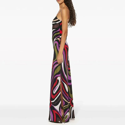Elegant Sheath Print Satin Robe Dress Woman Sexy Backless Sling V Neck Hollow Hips Dress Summer Boho High Waist Vacation Dresses