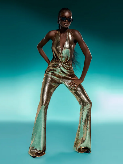 Women's Sleeveless Gold Sequin Jumpsuit Sexy V Neck Sparkle Sequined High Waist Wide Leg Pants Jumpsuit Celebrity Evening Party