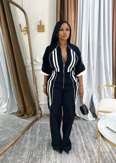 Women Jumpsuits For Spring 3/4 Sleeve Print Stripe Loose Fashion Streetwear Overalls Wide Leg Pants Trousers 2025 Summer