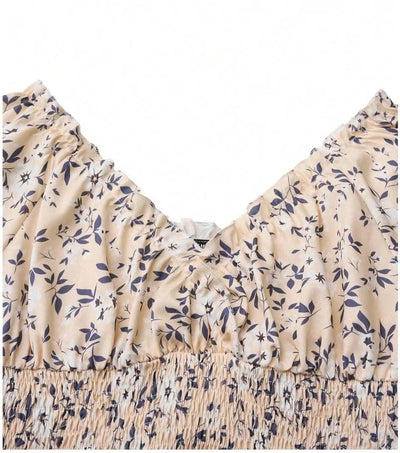 Summer Women Floral Print Dress V-neck Puff