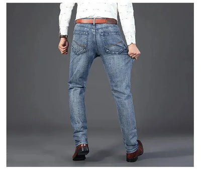 Mens Denim Pants Spring Casual Business Straight Fit Loose Elasticated Jeans Stylish Comfortable Pants for Work and Daily Wear