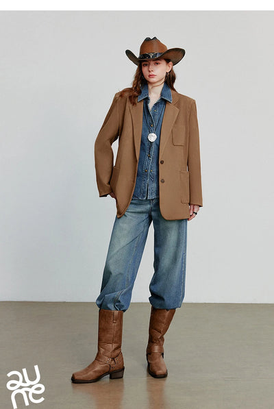 TOYOUTH Women Blazer 2025 Autumn New Barn Style Retro Brown Suede Lightweight Lapel Collar Single Breasted Button Suit Coat