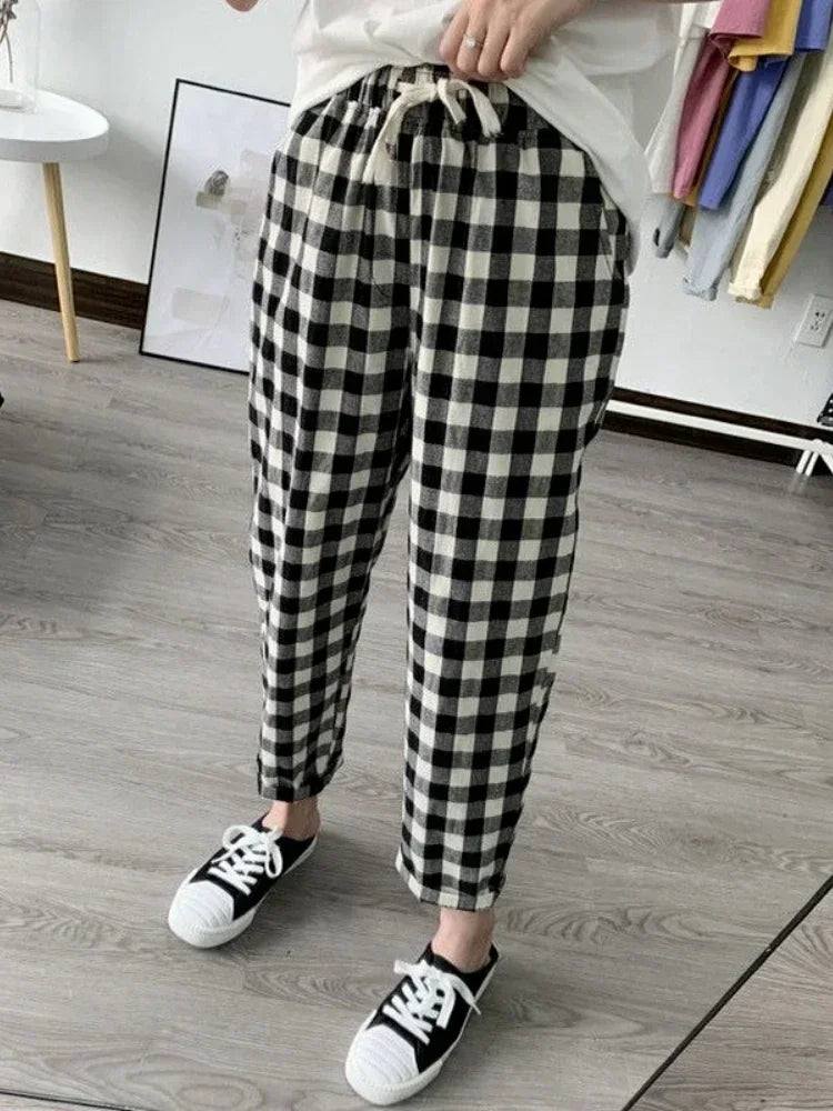 Fashion Printed Cotton Linen Harem Pants for Women 2025 Summer Casual High Waist Calf-Length Loose Trousers Female Streetwear