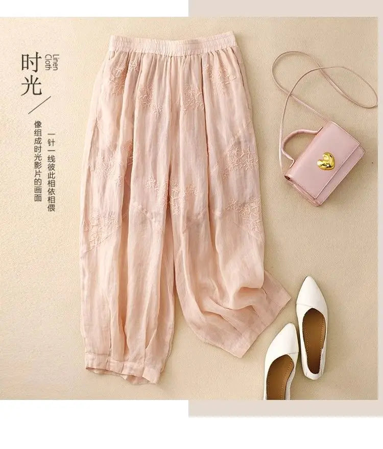 Cotton and Linen Harem Women Summer Vintage Embroidery Lightweight Breathable Lantern Pants