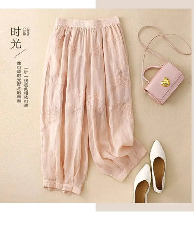 Cotton and Linen Harem Women Summer Vintage Embroidery Lightweight Breathable Lantern Pants