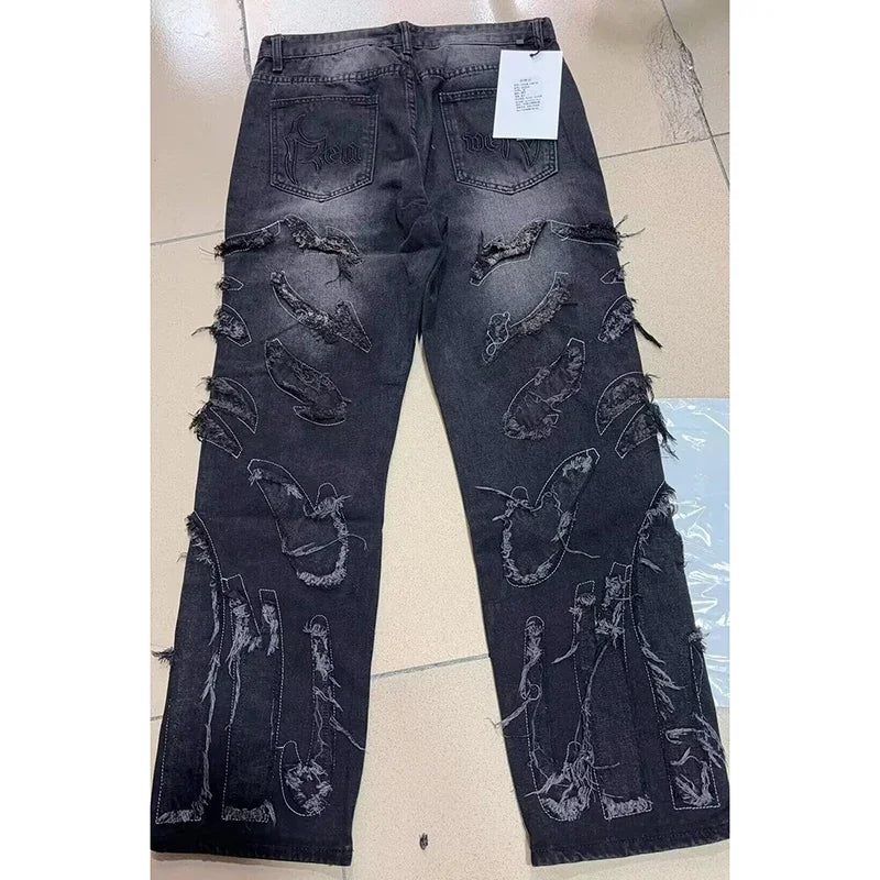 Men Baggy Aesthetic Streetwear Jeans Male Retro Fashion Wide Leg Denim Pants Graphic Embroidered Designer Hip Pop Denim Trousers