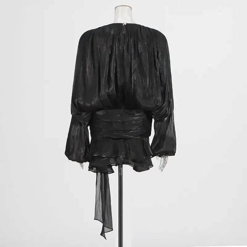 TWOTWINSTYLE Solid Blouse Mini Dresses For Women V Neck Long Sleeve Spliced Lace Up Sweet Style Dress Female Clothing Fashion