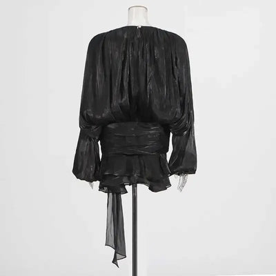 TWOTWINSTYLE Solid Blouse Mini Dresses For Women V Neck Long Sleeve Spliced Lace Up Sweet Style Dress Female Clothing Fashion
