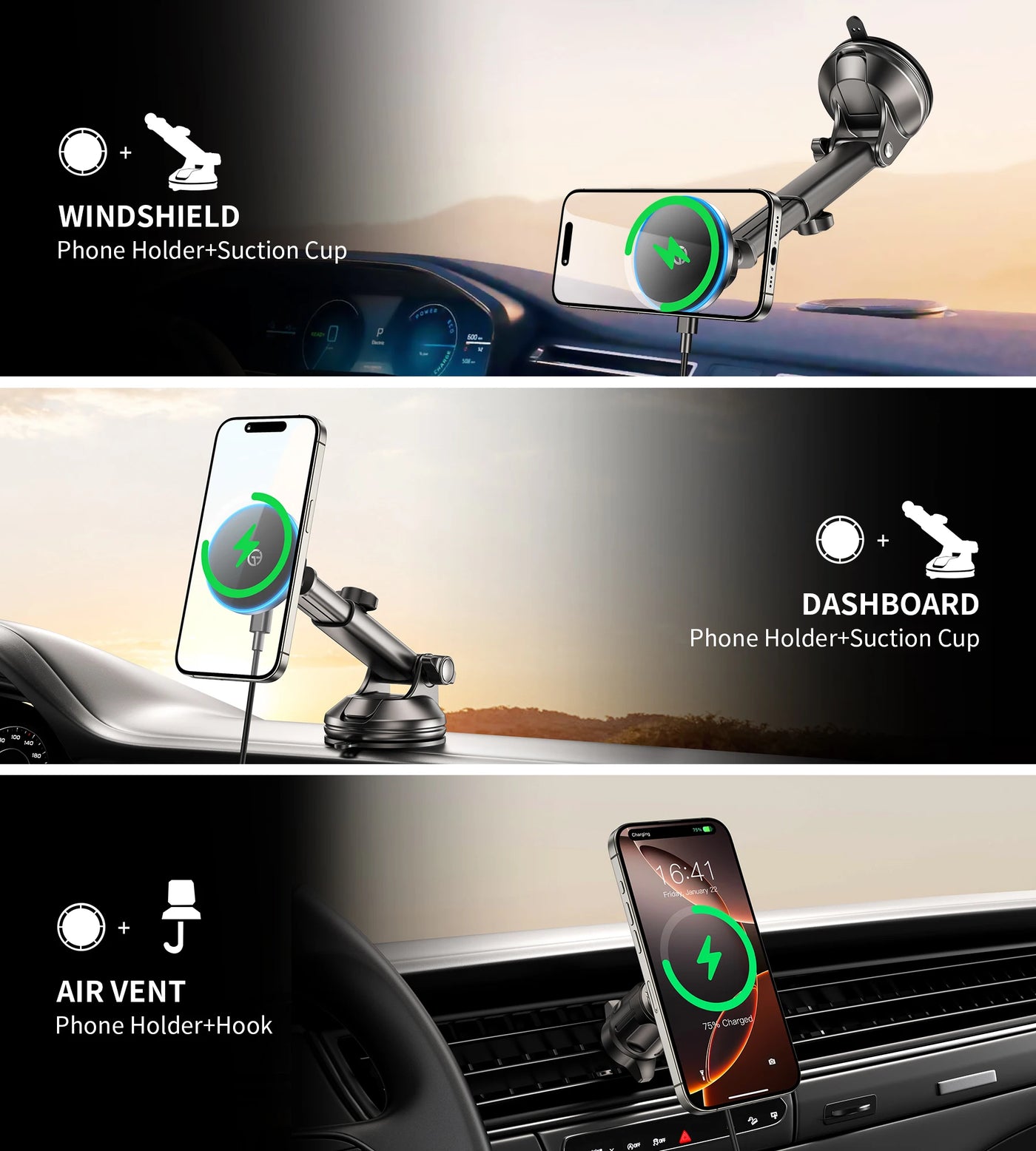 for MagSafe Car Mount Charger with Dash Vent Windshield Mounts, Strong Magnetic Phone Holder for iPhone 16, 15, 14, 13, 12 Pro M