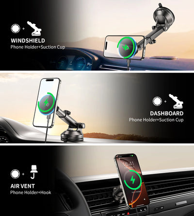 for MagSafe Car Mount Charger with Dash Vent Windshield Mounts, Strong Magnetic Phone Holder for iPhone 16, 15, 14, 13, 12 Pro M