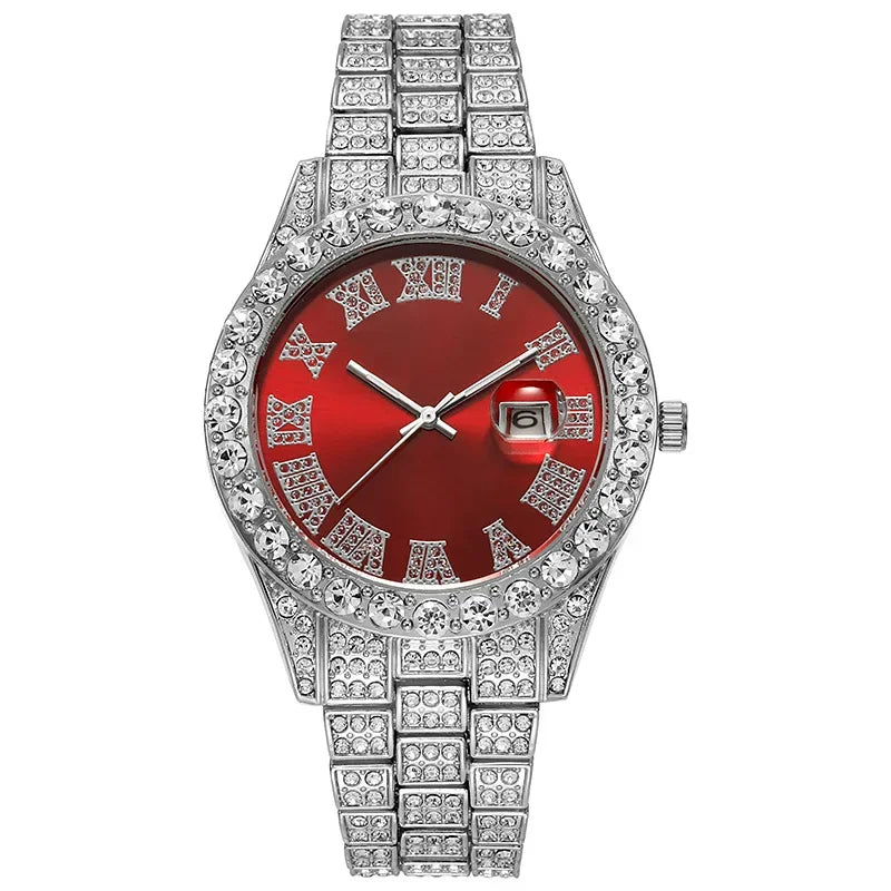 Personalized Hip Hop Watch with Shiny Rhinestones for Men, Luxury Clock, Band Length, Iced Steel Belt, 40mm Diameter Glass Dial