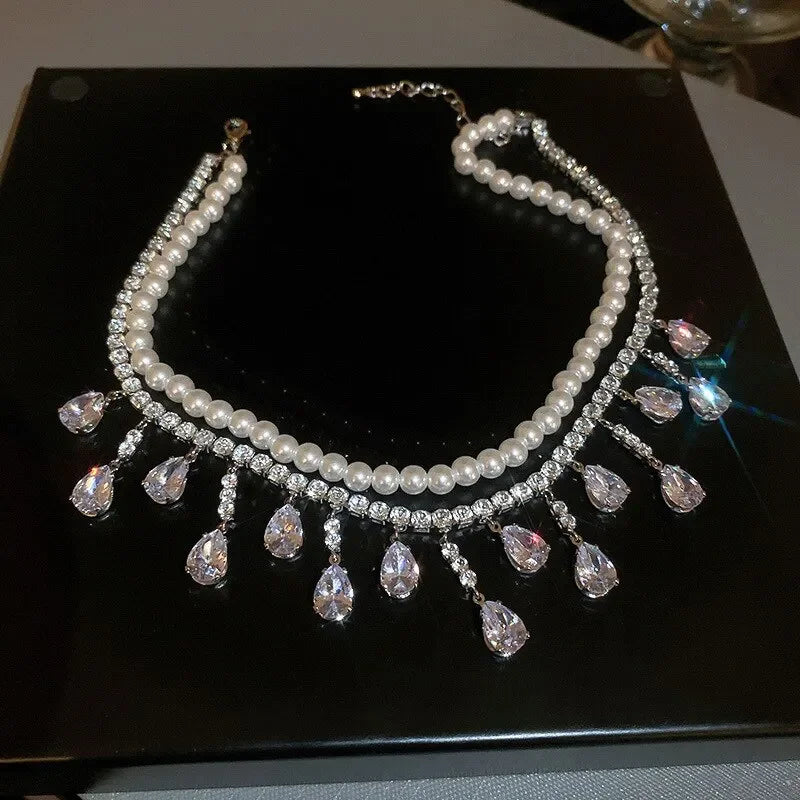 Luxury Rhinestone Crystal Chokers Necklaces For Women Multilayer Imitation Pearl Chain Necklace For Party Wedding Jewelry