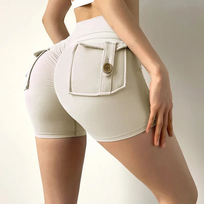 Shorts Women Solid Yoga Pants Pocket Button Short Pant Slim Fit Trousers Wrap Hip Splice Sporty High Waist Lady Summer