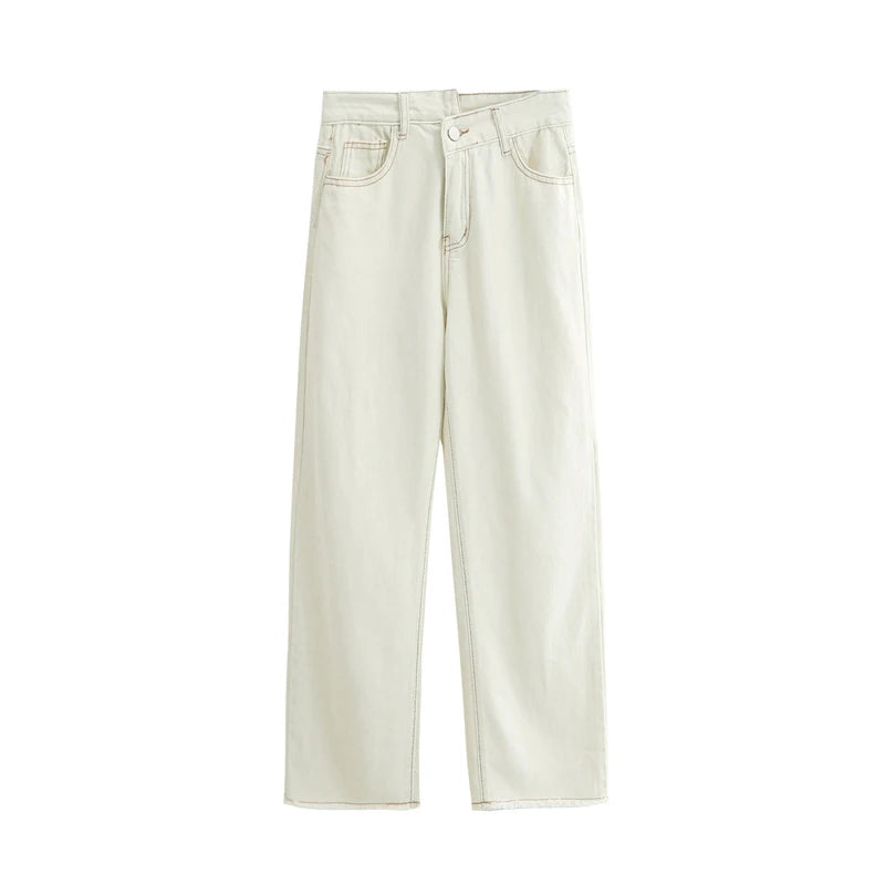 White Jeans For Women Spring High Waist Fashion Flower Design Straight Denim Pants Chic Loose Wide Leg Casual Trousers