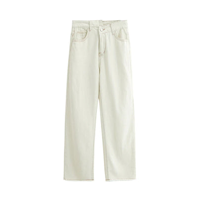 White Jeans For Women Spring High Waist Fashion Flower Design Straight Denim Pants Chic Loose Wide Leg Casual Trousers