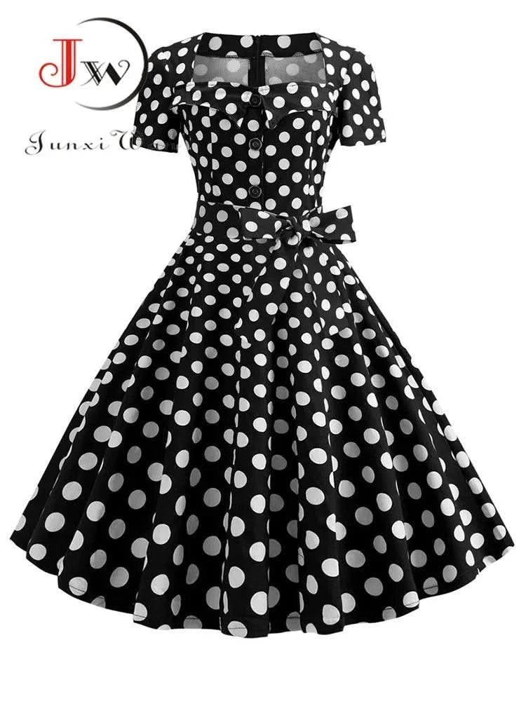 Women Summer Dress Elegant Retro Vintage 50s 60s Robe Rockabilly Swing Pinup Dresses Casual Red Party Vestidos