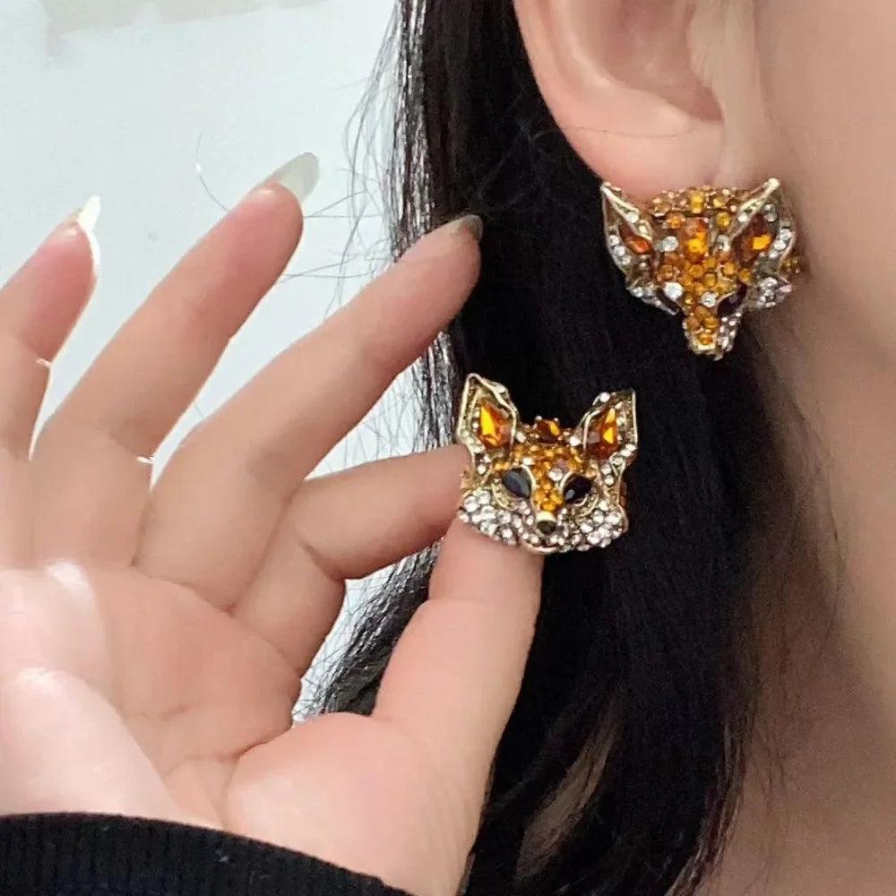Luxury Crystal Cat Necklace Earrings Exaggerated Beaded Rhinestones Pendant Necklace Accessories Neck Jewelry