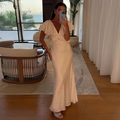 Womens Dresses 2025 Summer New Woman Clothing V Collar Ruffles Sleeve High Waist Long One-piece Dress Gown
