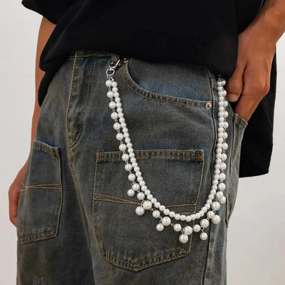 IngeSight.Z Men Hip Hop Multilayer Imitation Pearl Jeans Pants Keychain Chain Women Trousers Hipster Pant Chain Party Decoration