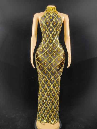 Women Sexy Stage Shining Rhinestone Sequins Dress Evening Prom Birthday Dress Transparent Performance Singer Club Host Dress