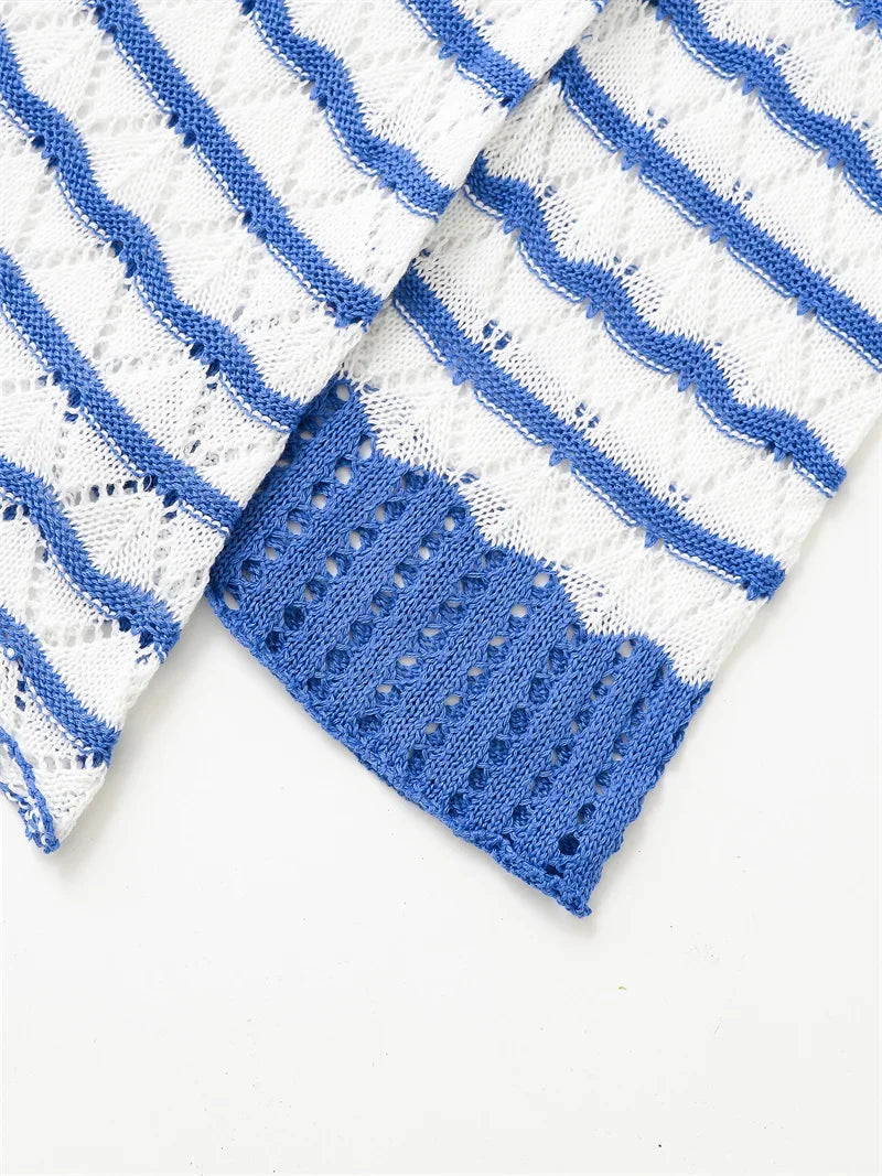 Women's dress 2025 summer new style  blue and white color-blocked striped long-sleeve mini dress with sexy hollow design