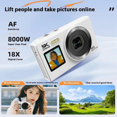 Digital Camera CCD Dual Screen Portable Digital Camera with18X Zoom 5K Vlogging Camera 80MP CCD Selfie Camera with 64GB Card