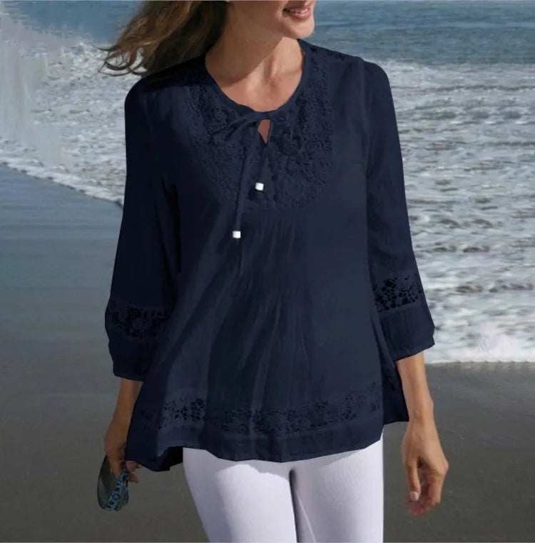 Fashion Women's Solid Lace Top Cotton Linen Casual Top Woman New Summer Blouse Three-Quarter Sleeve Loose Shirt & Blouse Women