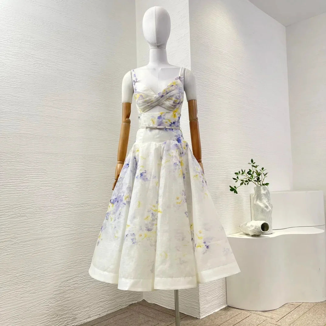 Overlap Pleats 2025 New Floral Print Linen Silk High Quality Spring Summer Sleeveless Shirred Strapless Women Midi Dress