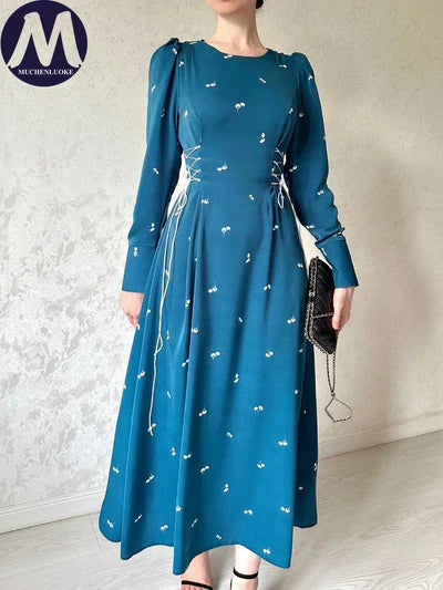 Elegant Dresses for Women 2025 Spring Summer New Long Sleeve O Neck Dress Fashionable Slim Fit Lace Up Lower Back Evening Dress