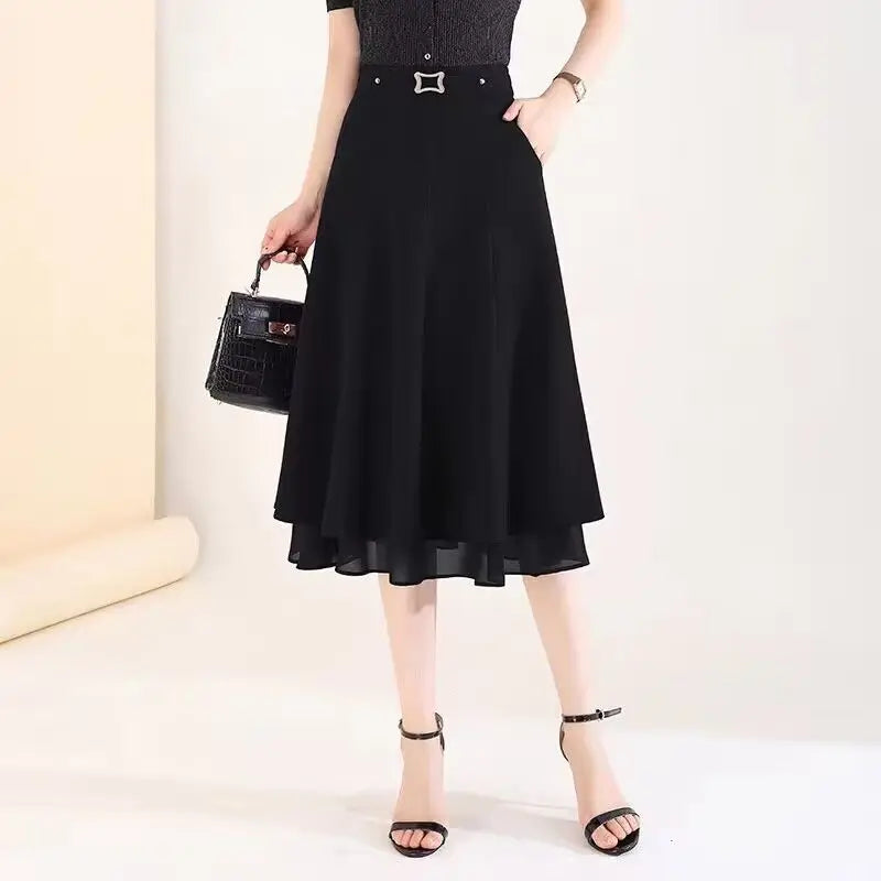 A-line Drooping Skirt for Women New High-waisted Slim Mid-length Mesh Spliced pleated Skirt Umbrella Skirt