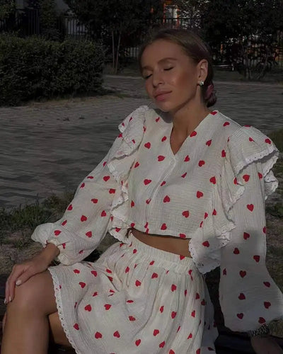 Women Cotton Linen Print Loose Suit Women Lantern Sleeve Ruffles V-neck Patchwork Single-Breasted Top High Waist Mini Skirt Suit