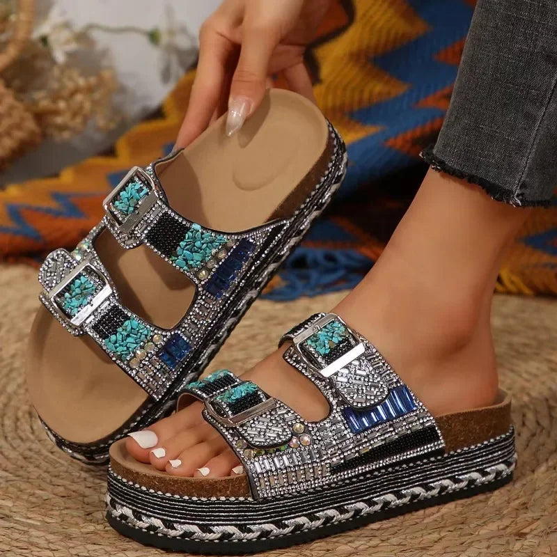 New Women's Rhinestone Thick Sole Twine Double Buckle Sandals, Soft Comfortable Women's Beach Slippers Large size