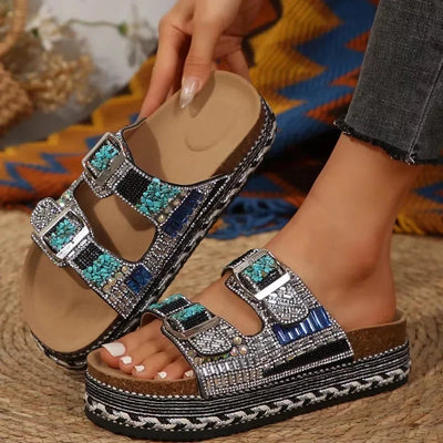 New Women's Rhinestone Thick Sole Twine Double Buckle Sandals, Soft Comfortable Women's Beach Slippers Large size