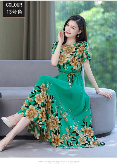 New Fashion 2024 Print Summer Dresses For Women Short Sleeve O-Neck Elegant Summer Dress Woman Clothing