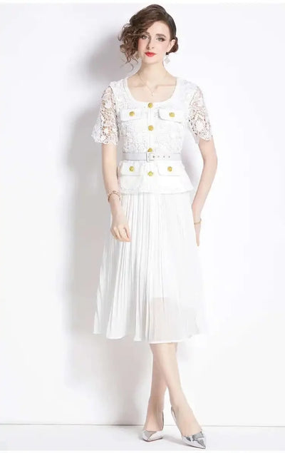 Luxury Evening Dress Women Summer Vacation Short Sleeve Pleated Lace Chiffon Long Dresses White Single Breasted Midi Party Robe