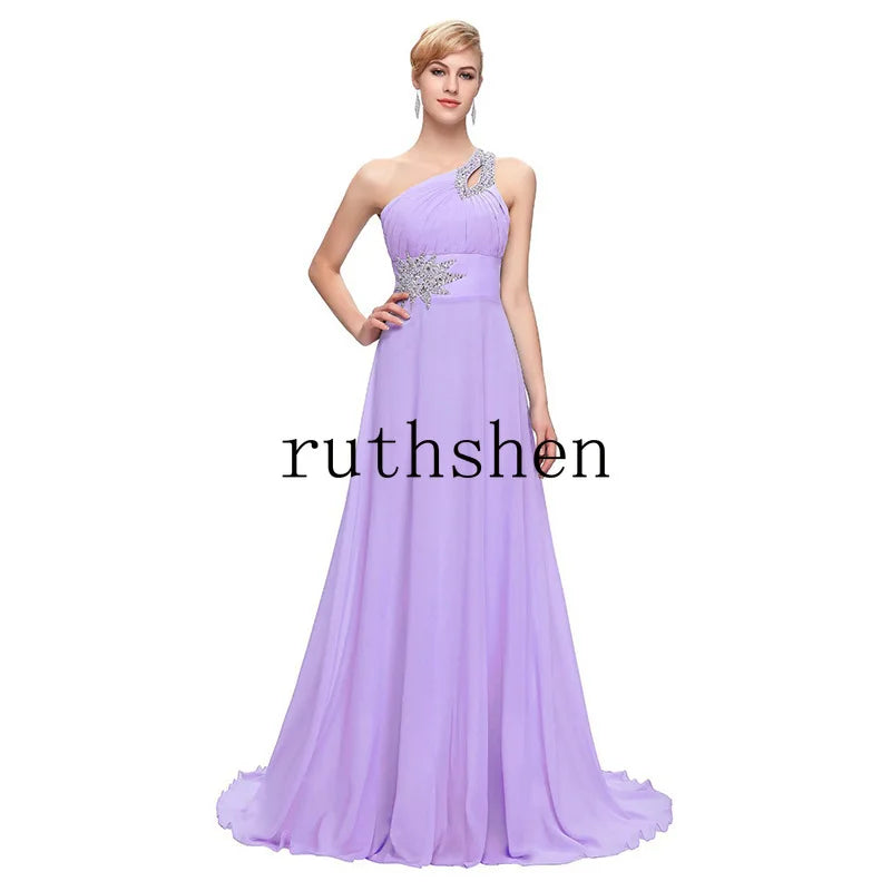 Women Wedding Party Evening Dresses Beaded Chiffon Long One Shoulder Pleat Formal Prom Gowns Vestidos De Fiesta Customized