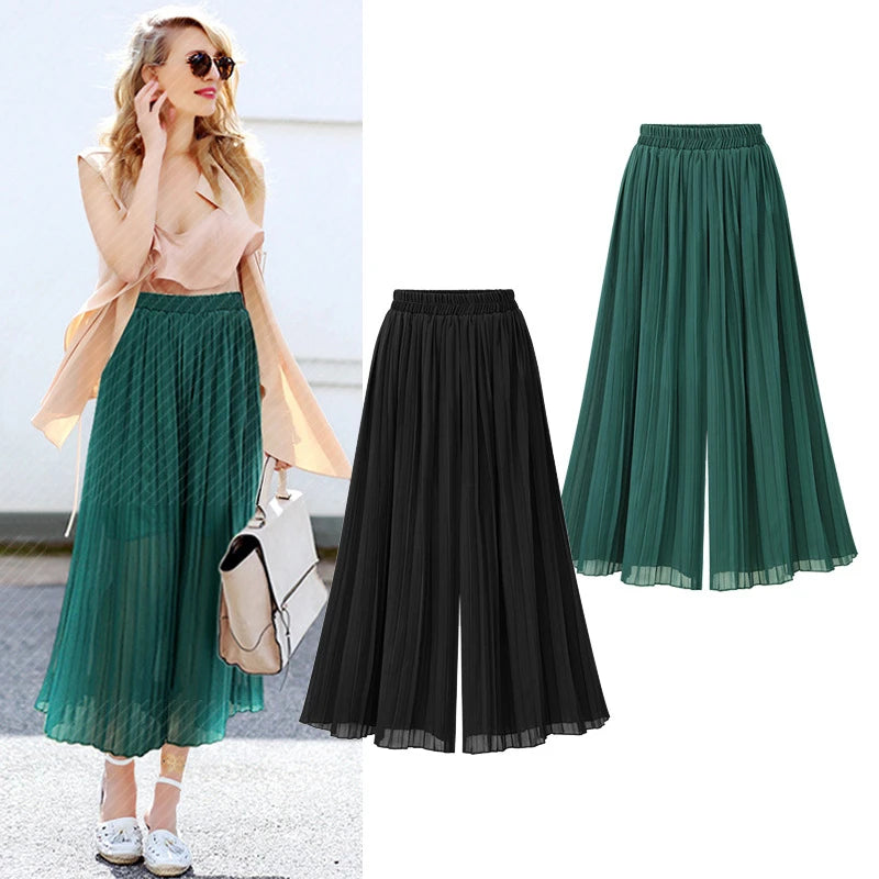 Loose Wide Leg Plus Size Pants Women Summer Fashion Streetwear Pleated Pants Skirts Elastic Waist Culottes Black Green Trousers
